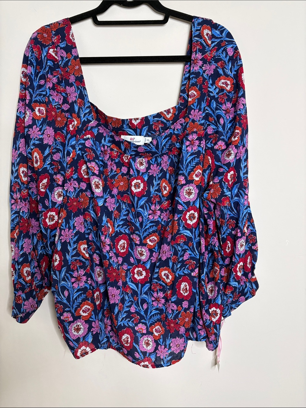Vineyard Vines Navy Floral Square-Neck Blouse. XXL